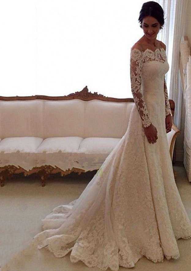 A-Line/Princess Scalloped Neck Court Train Lace Wedding Dresses With Appliqued Lace