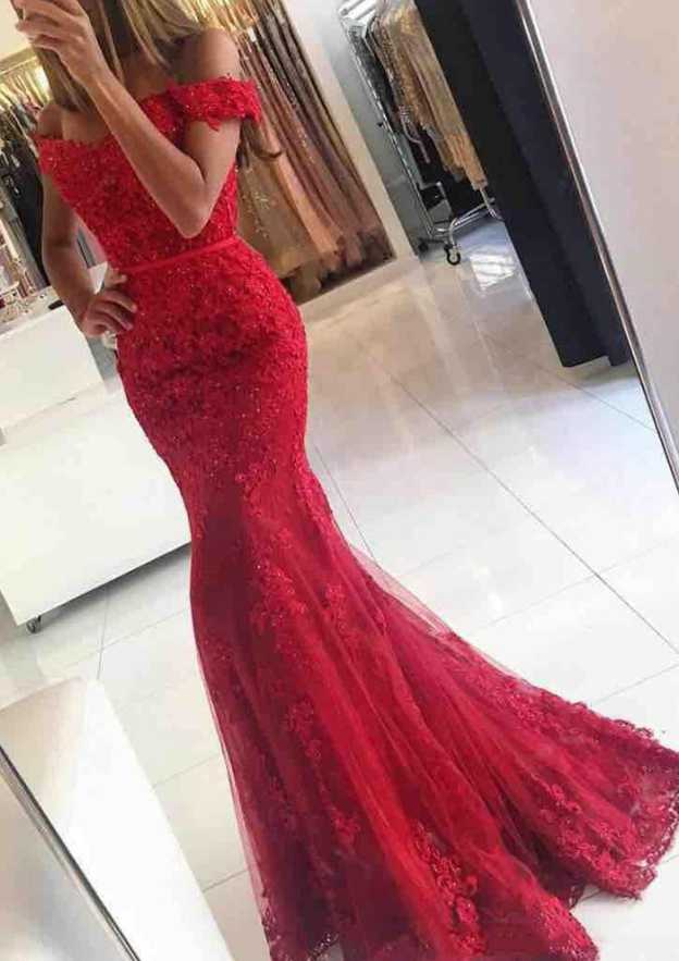 Lace Long/Floor-Length Trumpet/Mermaid Sleeveless Off-The-Shoulder Zipper Prom Dress With Appliqued Beaded