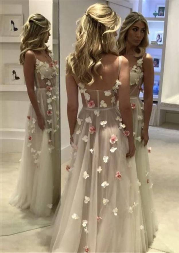 A-line/Princess Sweetheart Sleeveless Long/Floor-Length Tulle Prom Dress With Flowers