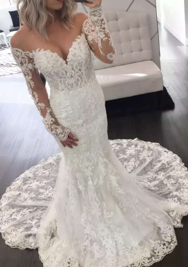 long sleeve trumpet wedding dress Custom Made V neck Lace with Sleeves accentuating your natural curves before flaring away from knees and draping to the floor GL3659 Wide V-Neck Long Sleeves