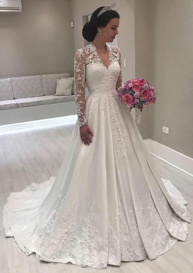 Ball Gown V Neck Full/Long Sleeve Sweep Train Satin Wedding Dress With Appliqued Lace