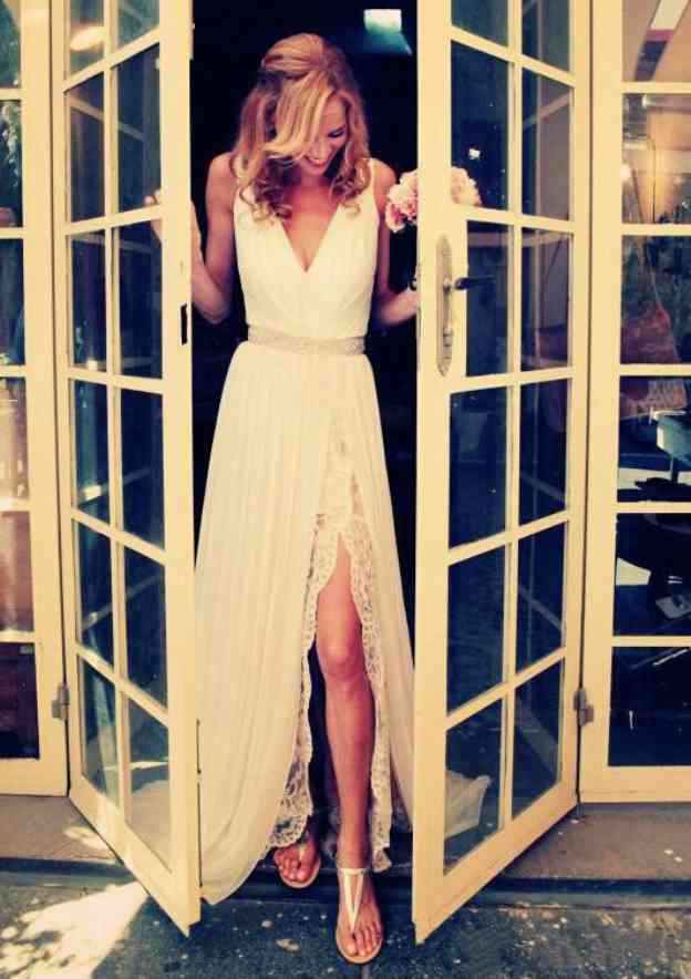 A-line/Princess V Neck Sleeveless Sweep Train Chiffon Wedding Dress With Lace Waistband Split