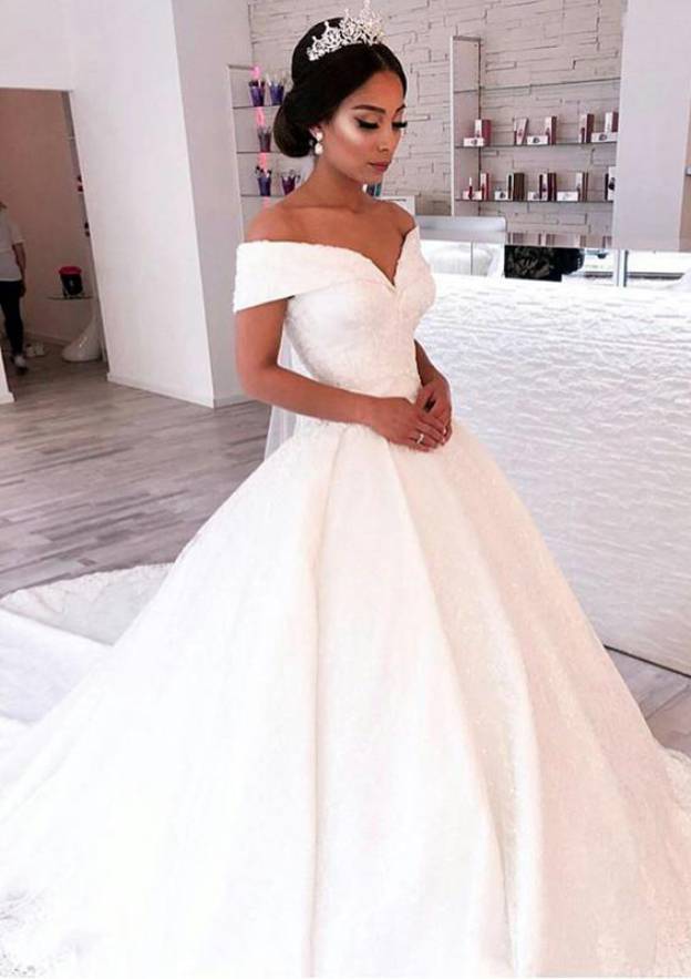 Ball Gown Off-the-Shoulder Sleeveless Chapel Train Lace Wedding Dress