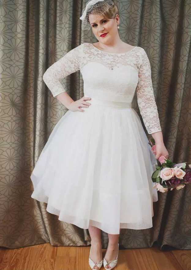 Ball Gown Bateau 3/4 Sleeve Tea-Length Tulle Wedding Dress With Lace
