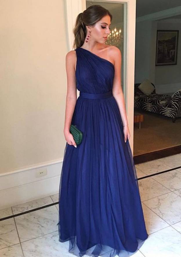 A-line/Princess One-Shoulder Sleeveless Long/Floor-Length Tulle Prom Dress With Pleated