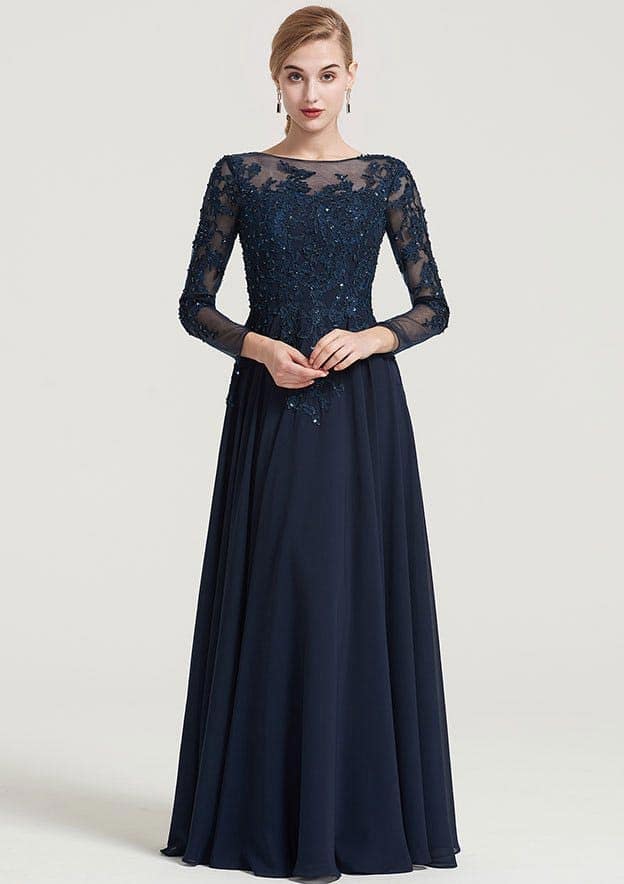 A-line/Princess Bateau 3/4 Sleeve Long/Floor-Length Chiffon Dress With Beading Appliqued