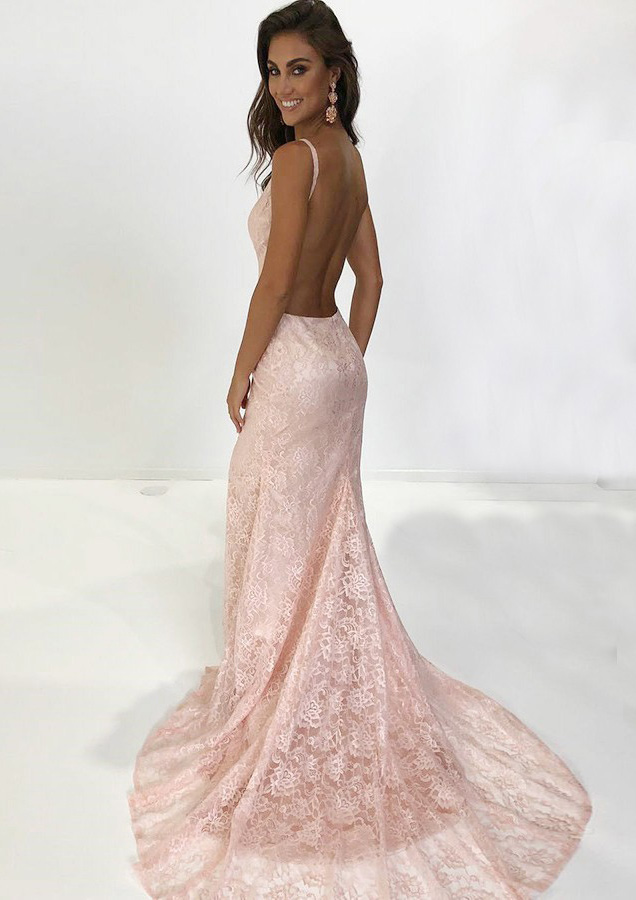 Pearl Pink Sheath/Column V Neck Sleeveless Lace Evening Dress - STACEES