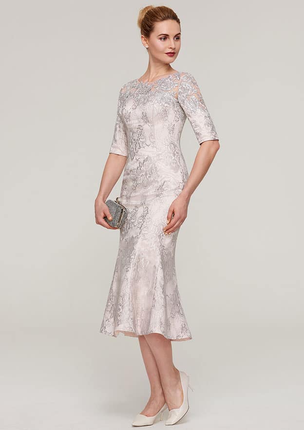 Sheath/Column Bateau Half Sleeve Tea-Length Lace Mother of the Bride Dress With Appliqued