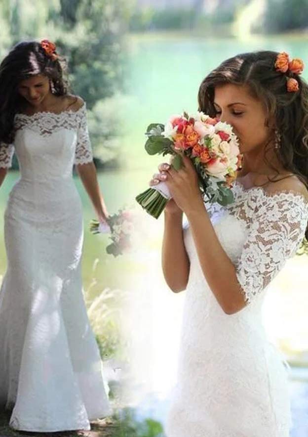 Lace Wedding Dress Trumpet/Mermaid Off-The-Shoulder Court Train Wedding Dress