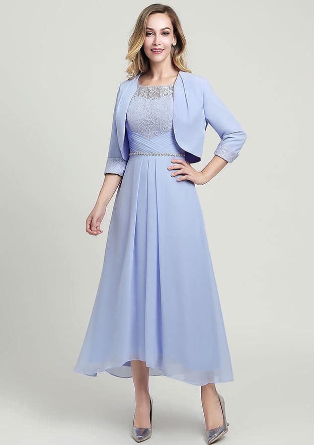 Chiffon Mother of the Bride Dress A-line/Princess Scoop Neck Half Sleeve Asymmetrical With Jacket Beading Lace Pleated