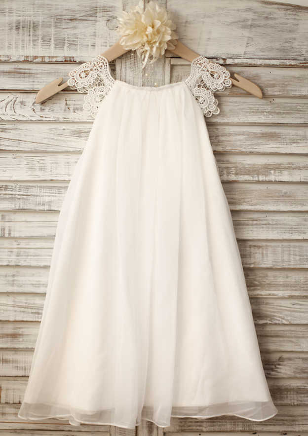 A-line/Princess Scoop Neck Tea-Length Chiffon Lace Flower Girl Dress 
