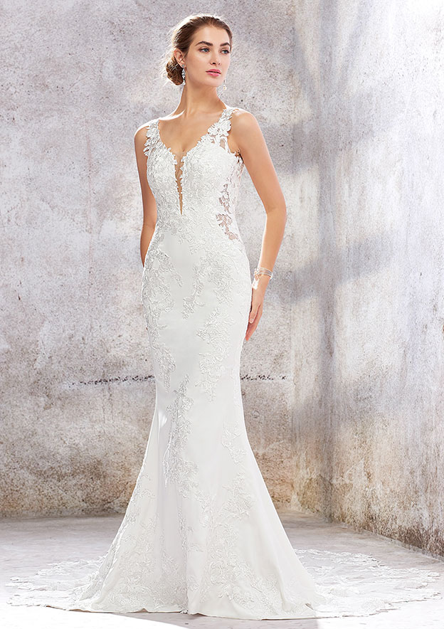 Trumpet/Mermaid V Neck Sleeveless Chapel Train Stretch Crepe Lace Wedding Dress With Beading