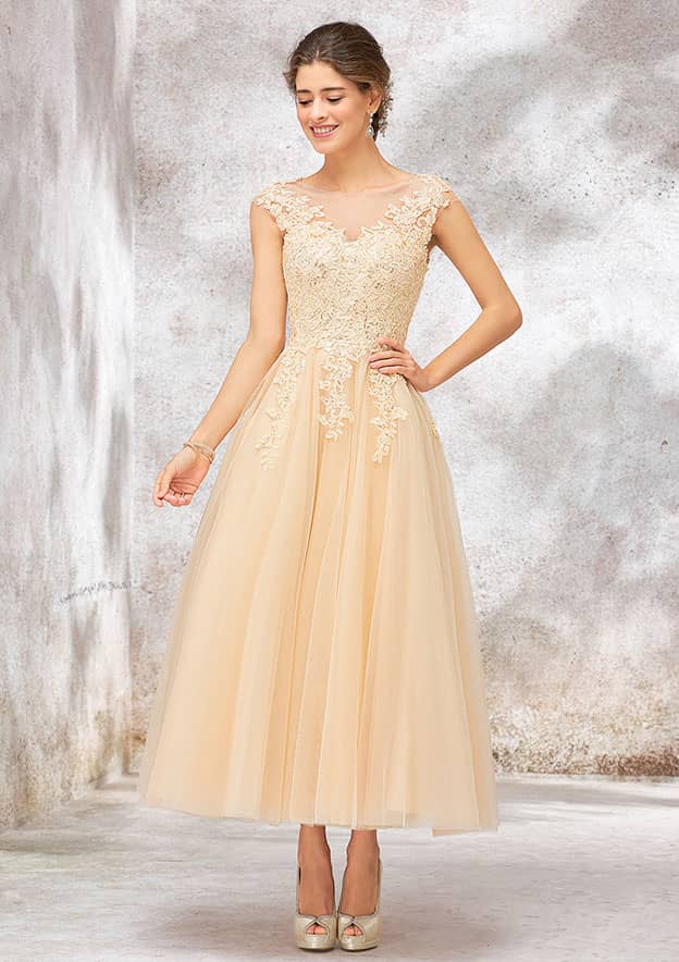 champagne tea length wedding dresses Champagne Shimmery Lace Bodycon Wedding Dress Overskirt Light Ivory