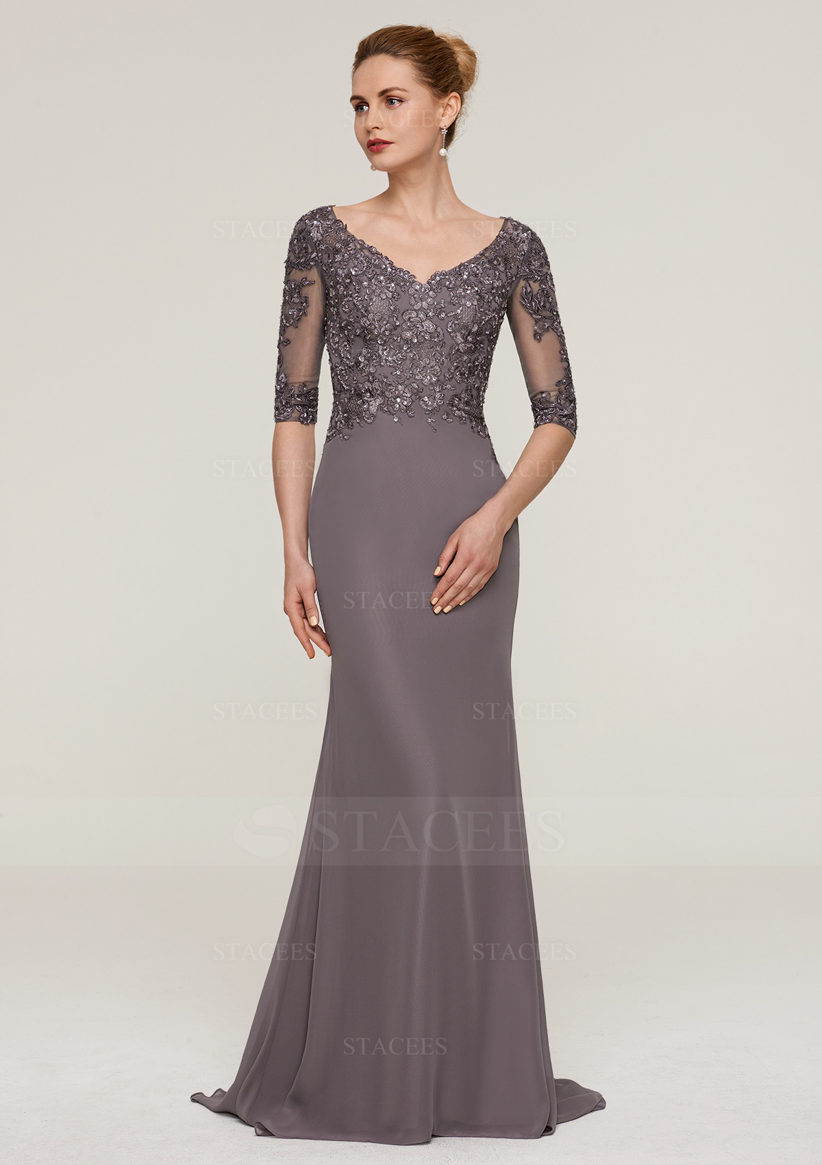 Sheath/Column V Neck Half Sleeve Sweep Train Chiffon Mother of the Bride Dresses With Appliqued Beading