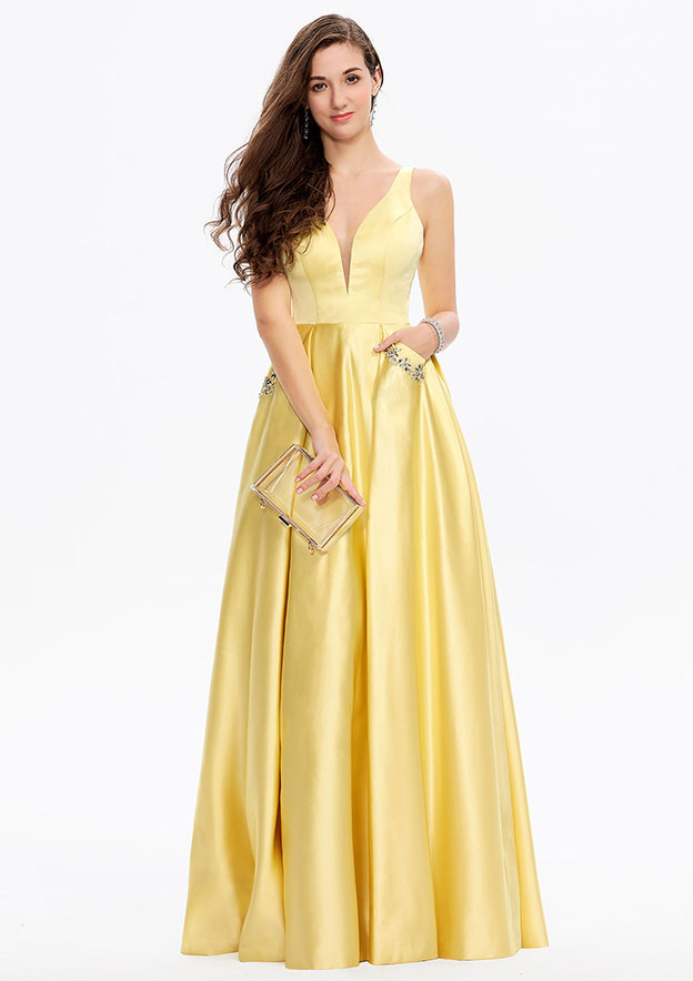 A-line V Neck Sleeveless Satin Long/Floor-Length Prom Dress With Pockets Rhinestone
