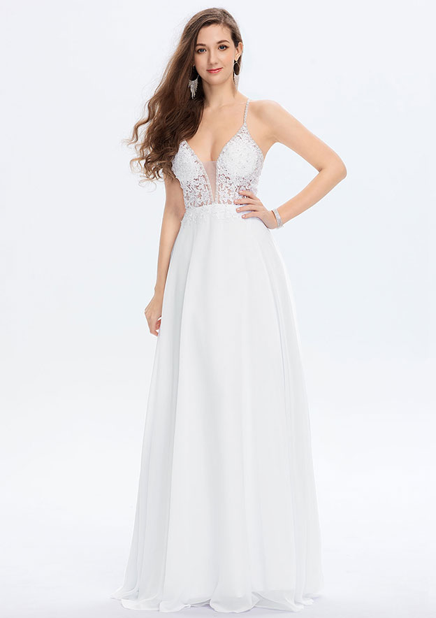 A-line V Neck Sleeveless Chiffon Lace Long/Floor-Length Prom Dress With Sequins Beading