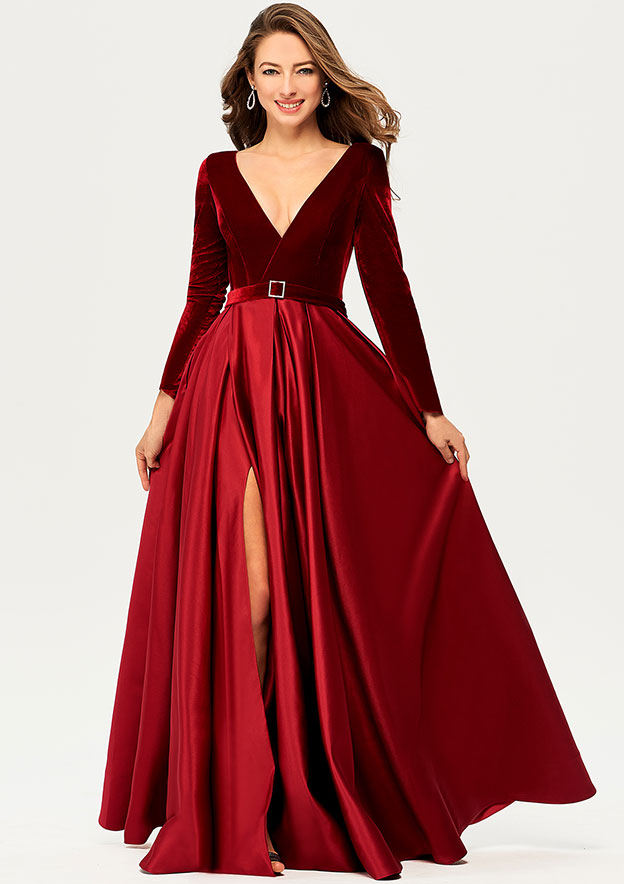long sleeve formal dress with pockets Stacees Prom Dress Princess A-line V Neck Full/Long Sleeve Satin Velvet Long/Floor-Length Split Pockets Sashes
