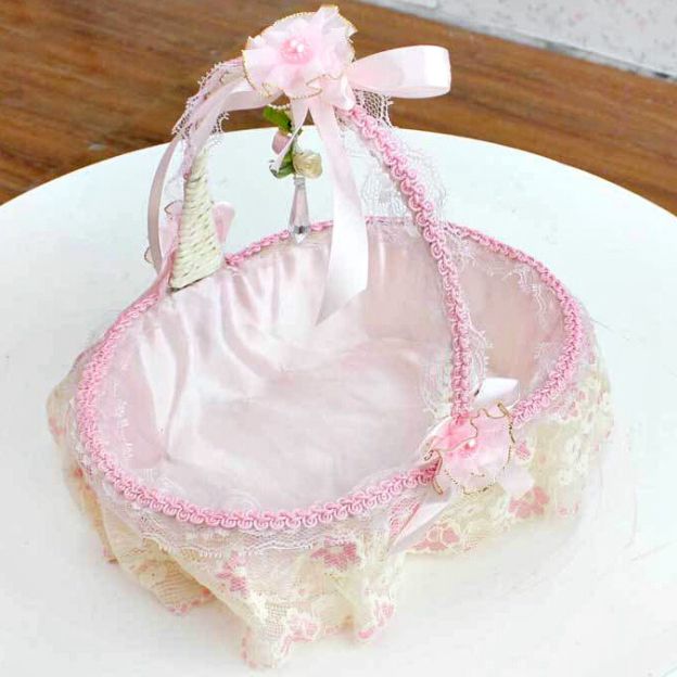 Pink Lace With Embroidery Wedding Flower Basket