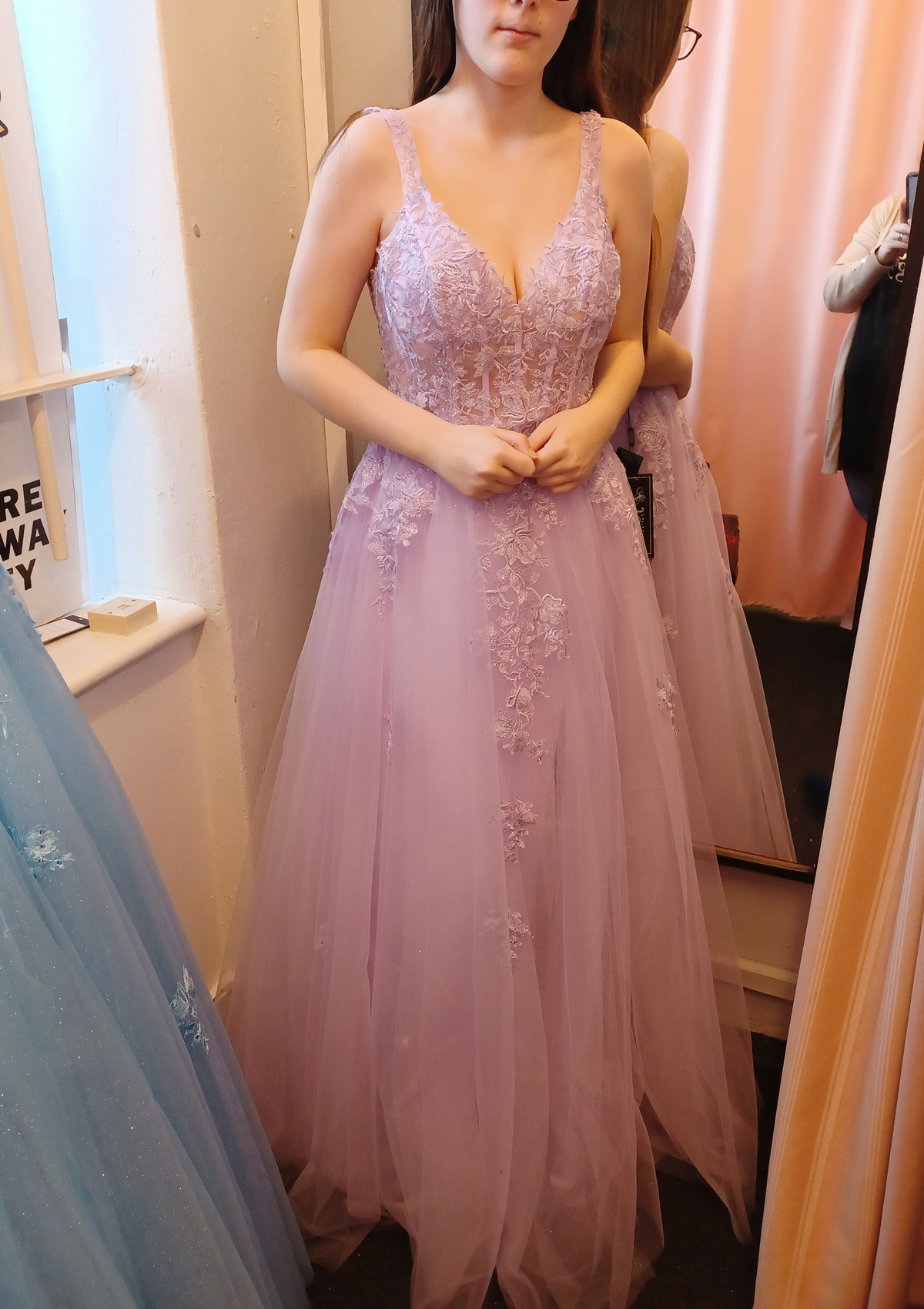 As Picture A-line V Neck Sleeveless Long/Floor-Length Tulle Prom Dress With Appliqued Lace - STACEES