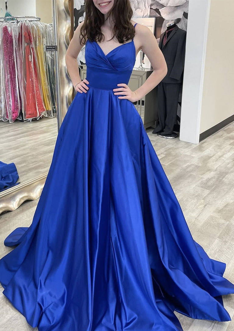 Royal Blue A-line V Neck Sleeveless Court Train Satin Prom Dress With Bowknot Pleated Waistband