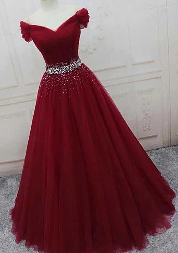 Ball Gown Off-the-Shoulder Tulle Long/Floor-Length Sparkling Prom Dress With Beading