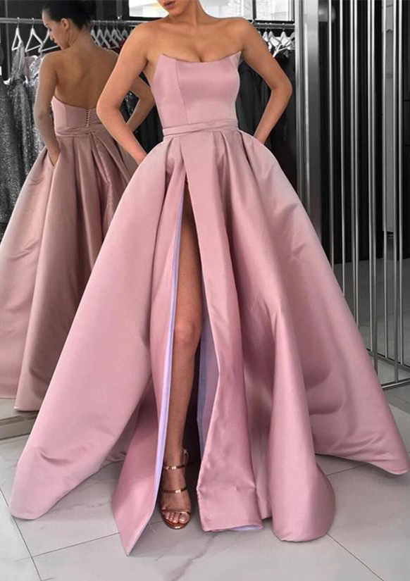 Dusty Pink A-line Square Neckline Long/Floor-Length Satin Prom Dress With Pockets Split - STACEES