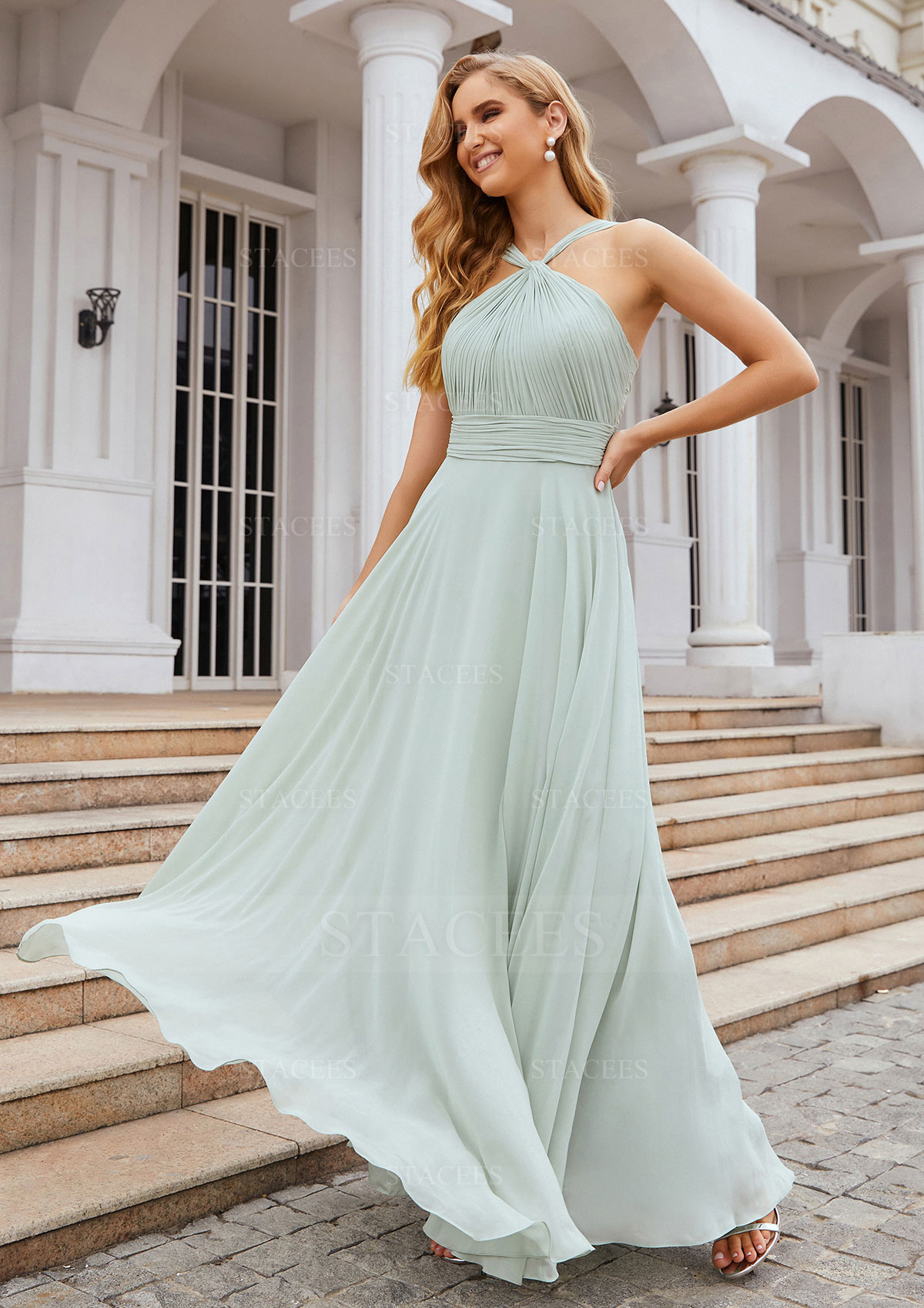 long mesh pleated tank bridesmaid dress Stretch Mesh Halter Maxi Pleated Bridesmaid Dresses with Backless Desi