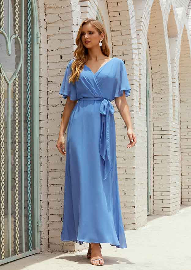 A-line V Neck Short Sleeve Chiffon Ankle Length Mother of the