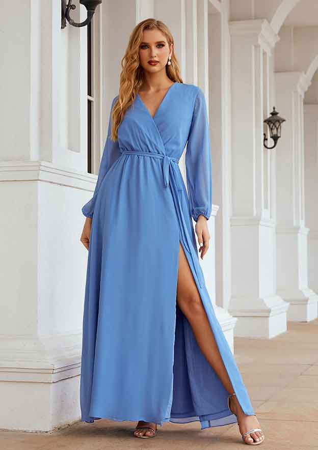 blue wedding guest dresses long sleeve Ever-Pretty Pleated V-Neck 3/4 Sleeves Asymmetrical Hem Long Sleeve Dress