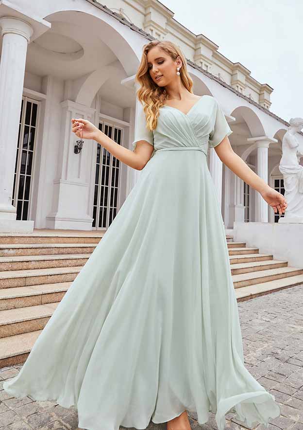 chiffon sleeve dress Stacees Bridesmaid Dress A-line V Neck Short Sleeve Chiffon Long/Floor-Length Pleated Waistband