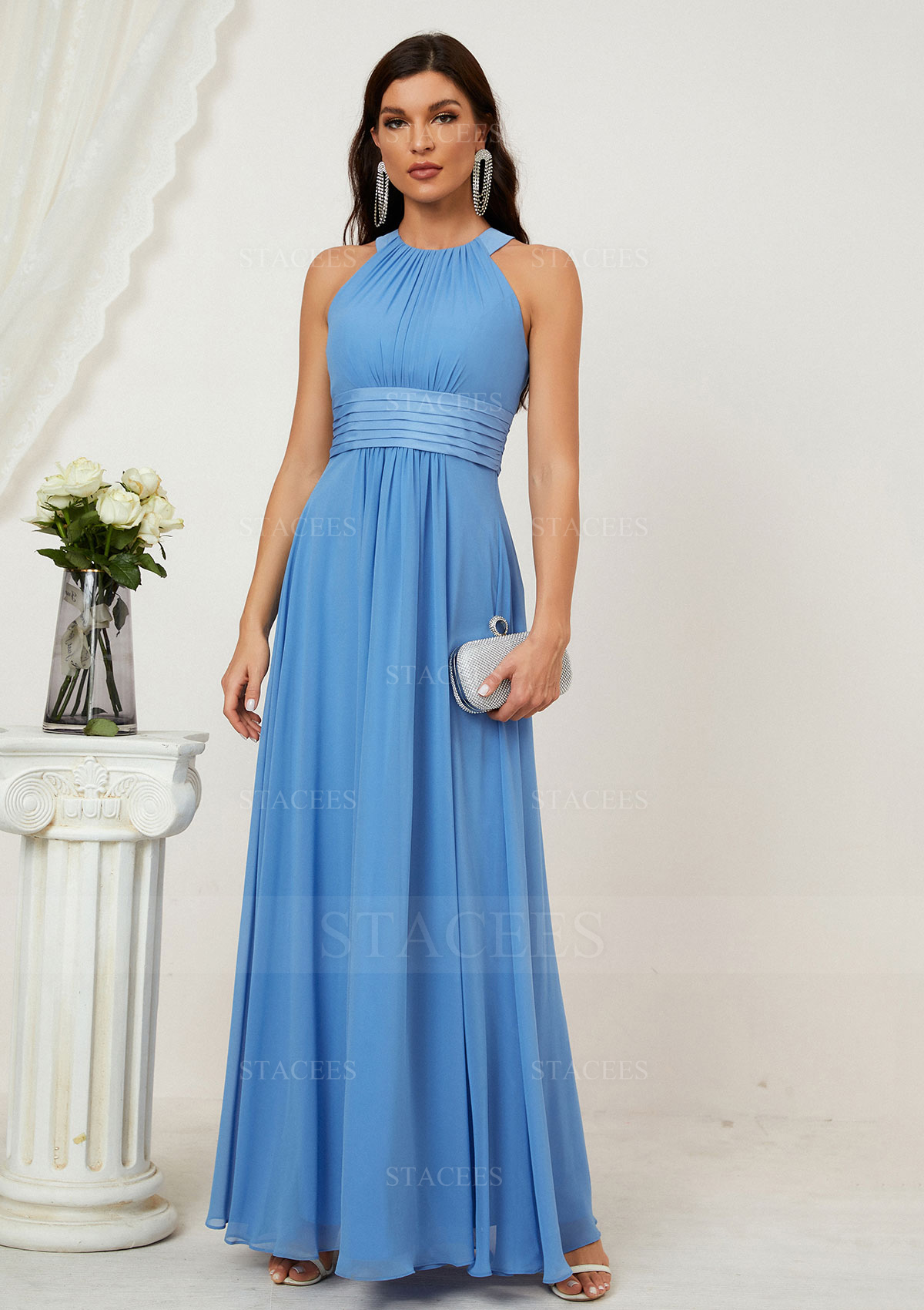 Halter Pleated-Waist A-line Chiffon Floor-Length Bridesmaid Dress