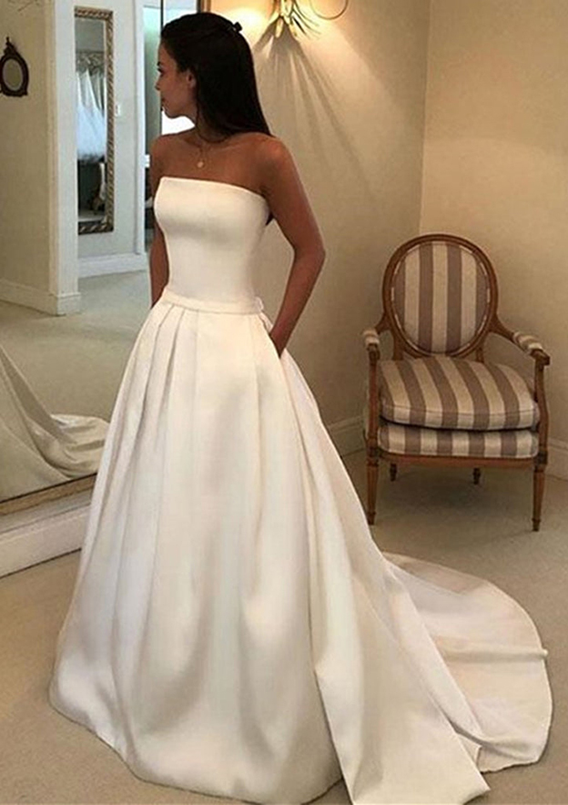 A-line Strapless Court Train Satin Wedding Dress With Waistband Pockets