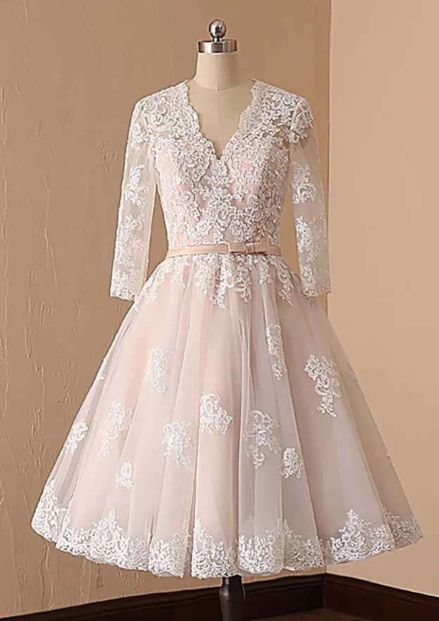 A-line V Neck Full/Long Sleeve Lace Tulle Tea-Length Wedding Dress With Waistband