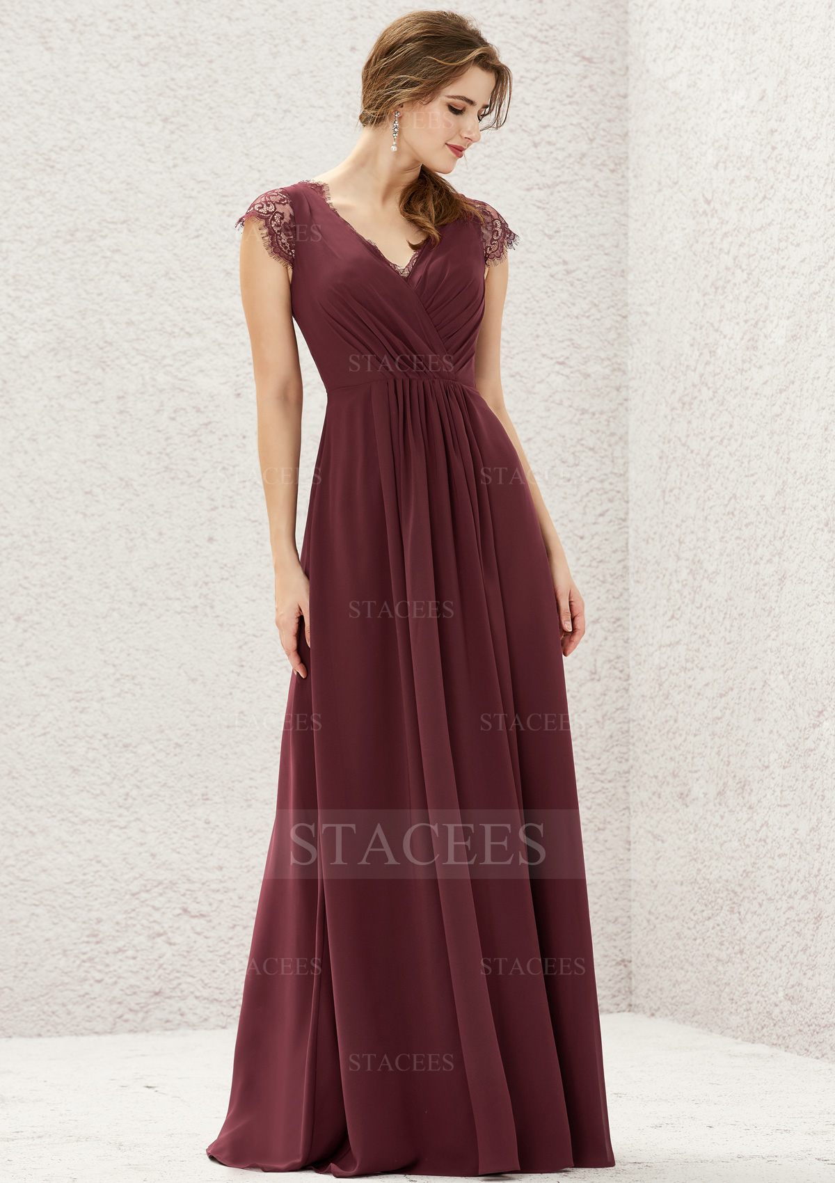 Cap Straps V Neck Chiffon A-line Floor-Length Bridesmaid Dress With Pleated Lace