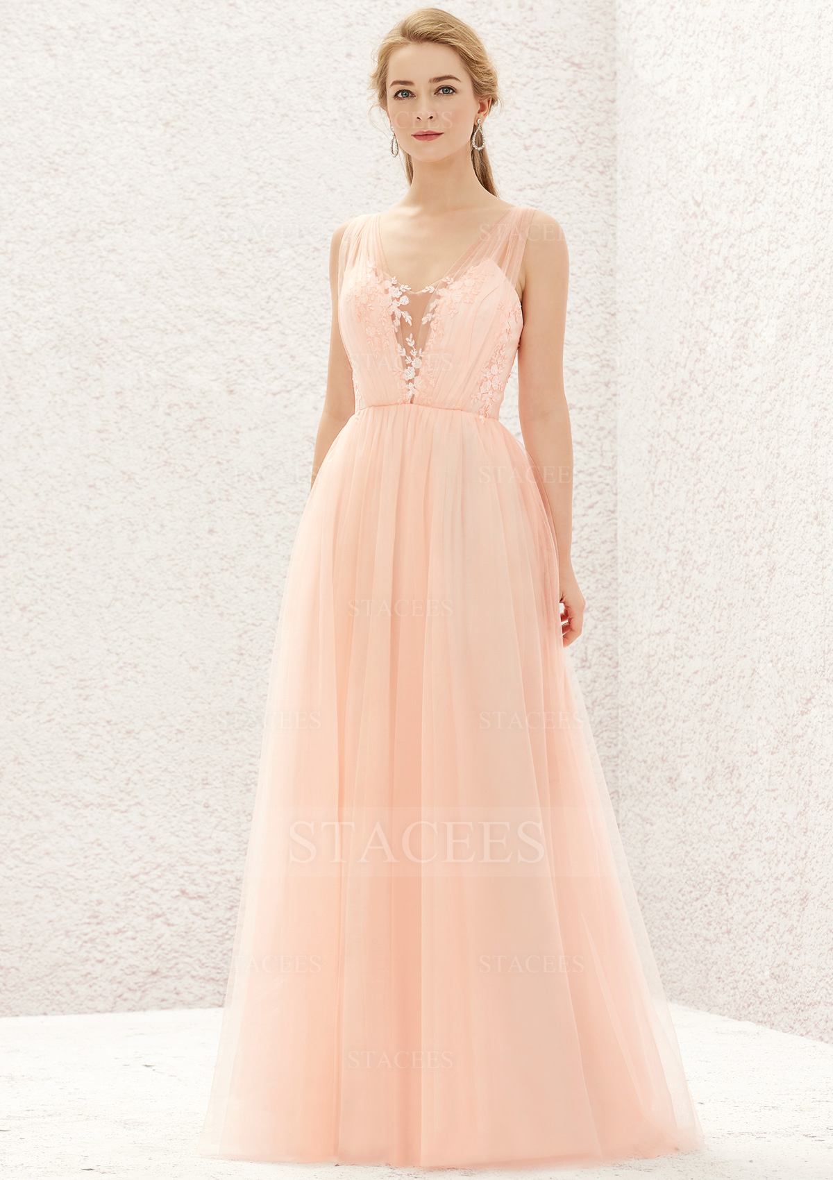 A-line Princess V Neck Sleeveless Tulle Long/Floor-Length Bridesmaid Dress With Lace Pleated