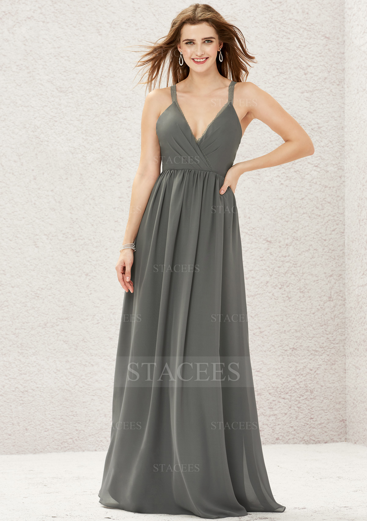 Steel Grey Charming Chiffon Long A-line Bridesmaid Dress With Pleated Lace - STACEES