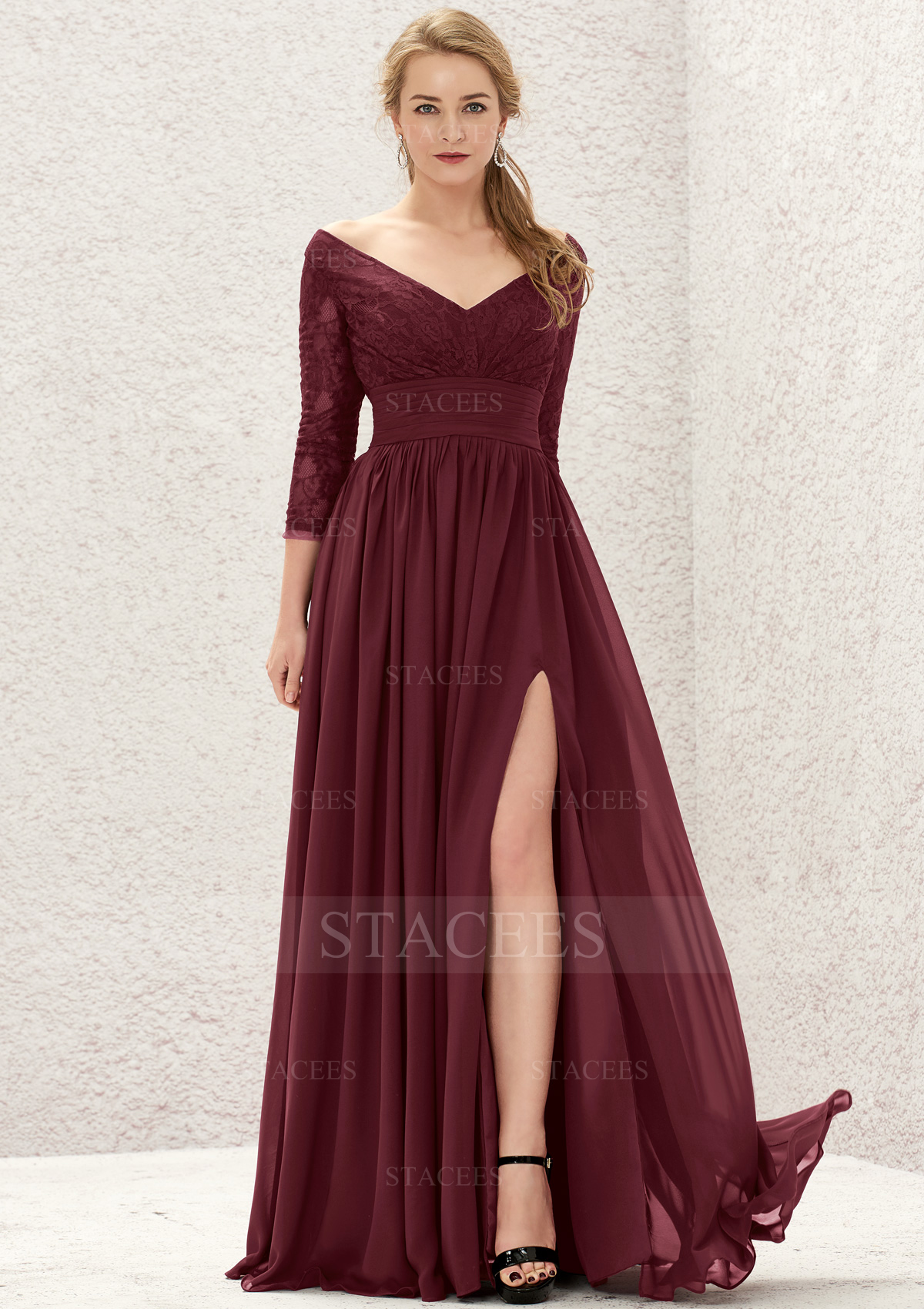 Vestido línea a escote en v gasa hasta el suelo vestido de dama de honor
