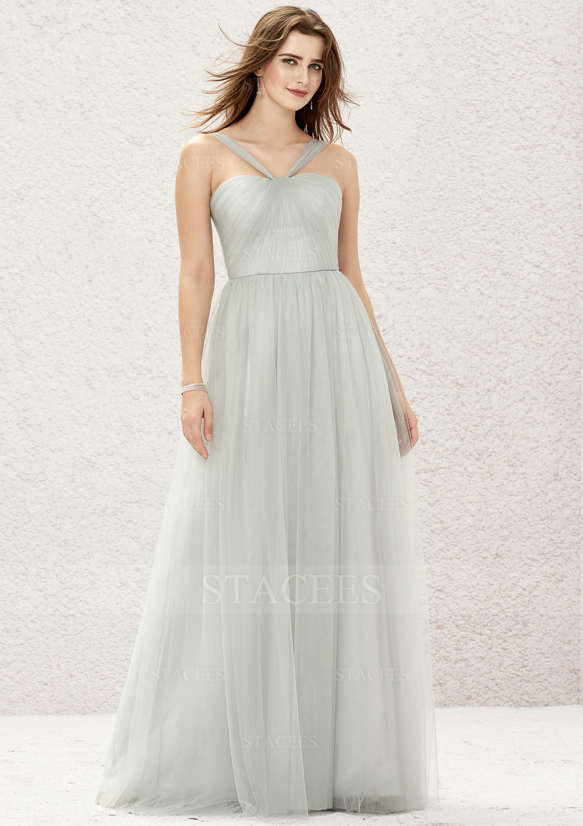 Vestido línea a cuello halter tul satén hasta el suelo vestido de dama de honor