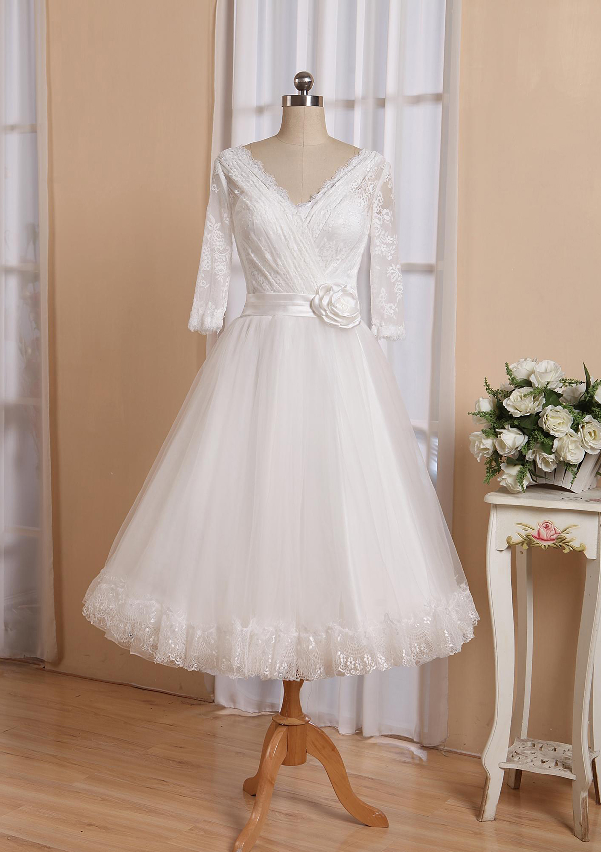 A-line V Neck Full/Long Sleeve Tea-Length Organza Lace Wedding Dress With Waistband Pleated Flowers