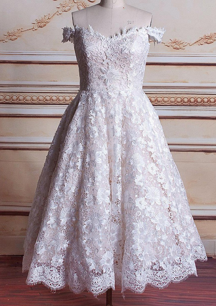 Champagne A-line Off-the-Shoulder Sleeveless Tea-Length Lace Wedding Dress - STACEES