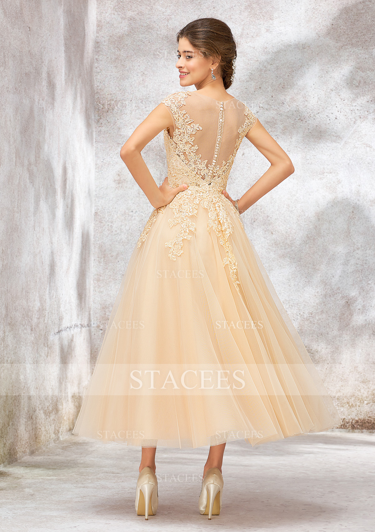 Champagne A-line Illusion Neck Sleeveless Tulle Lace Tea-Length Wedding Dress With Sequins - STACEES