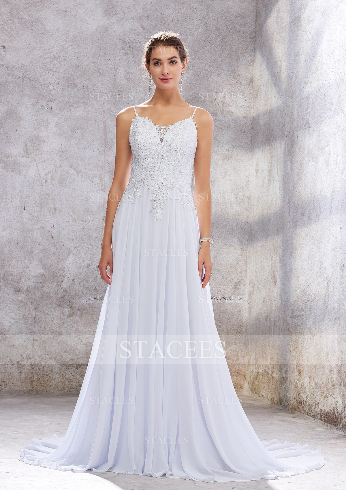 White A-line Scalloped Neck Sleeveless Court Train Chiffon Wedding Dress With Appliques Sequins - STACEES