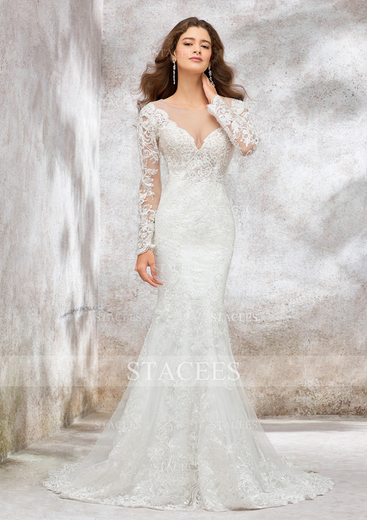 illusion neckline long sleeve wedding dress Stacees Wedding Dress Trumpet/Mermaid Illusion Neck Full/Long Sleeve Court Train Lace Satin Beading Sequins