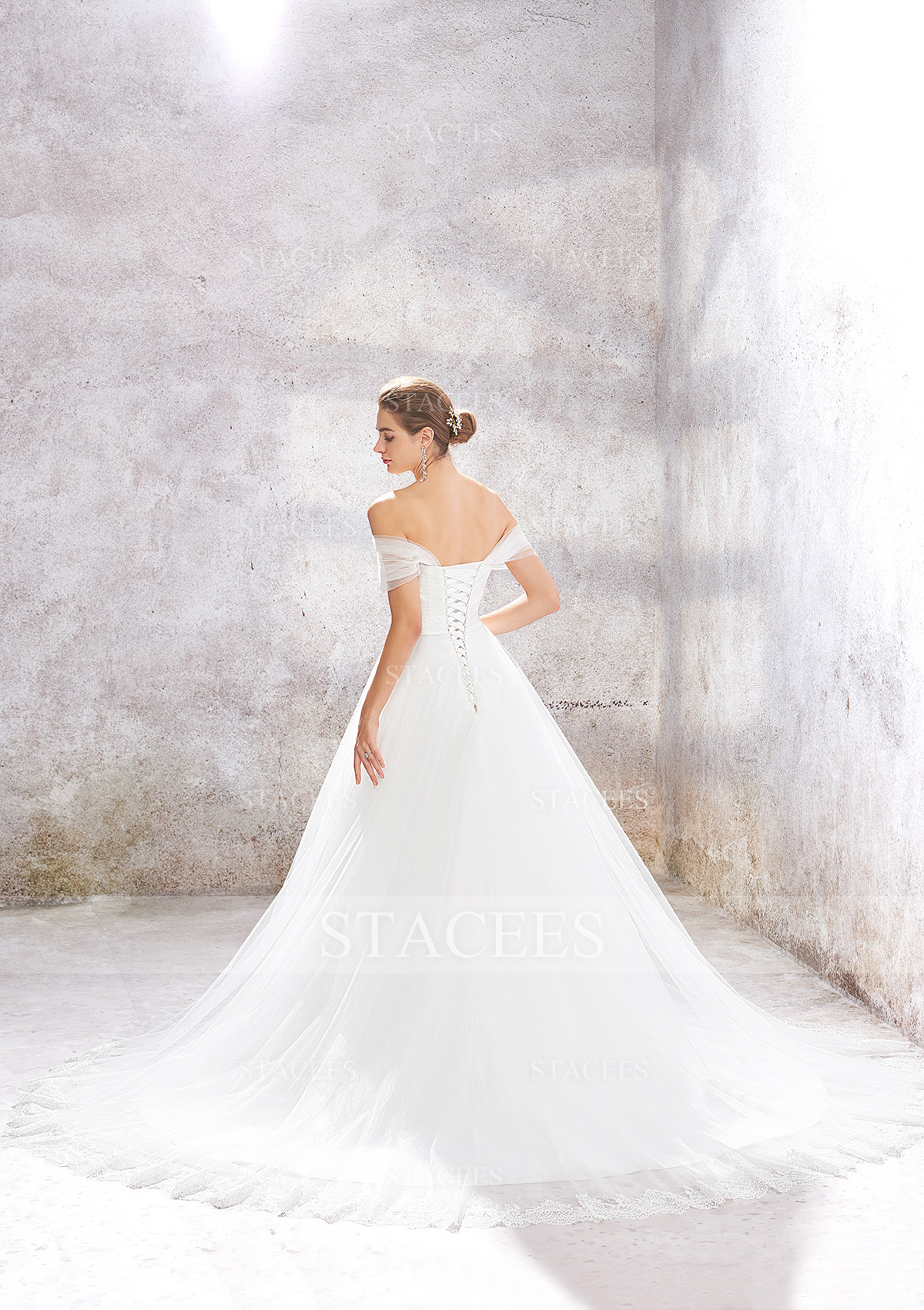 Ivory Princess Ball Gown Off-the-Shoulder Sleeveless Chapel Train Tulle Wedding Dress With Ruffles Waistband - STACEES