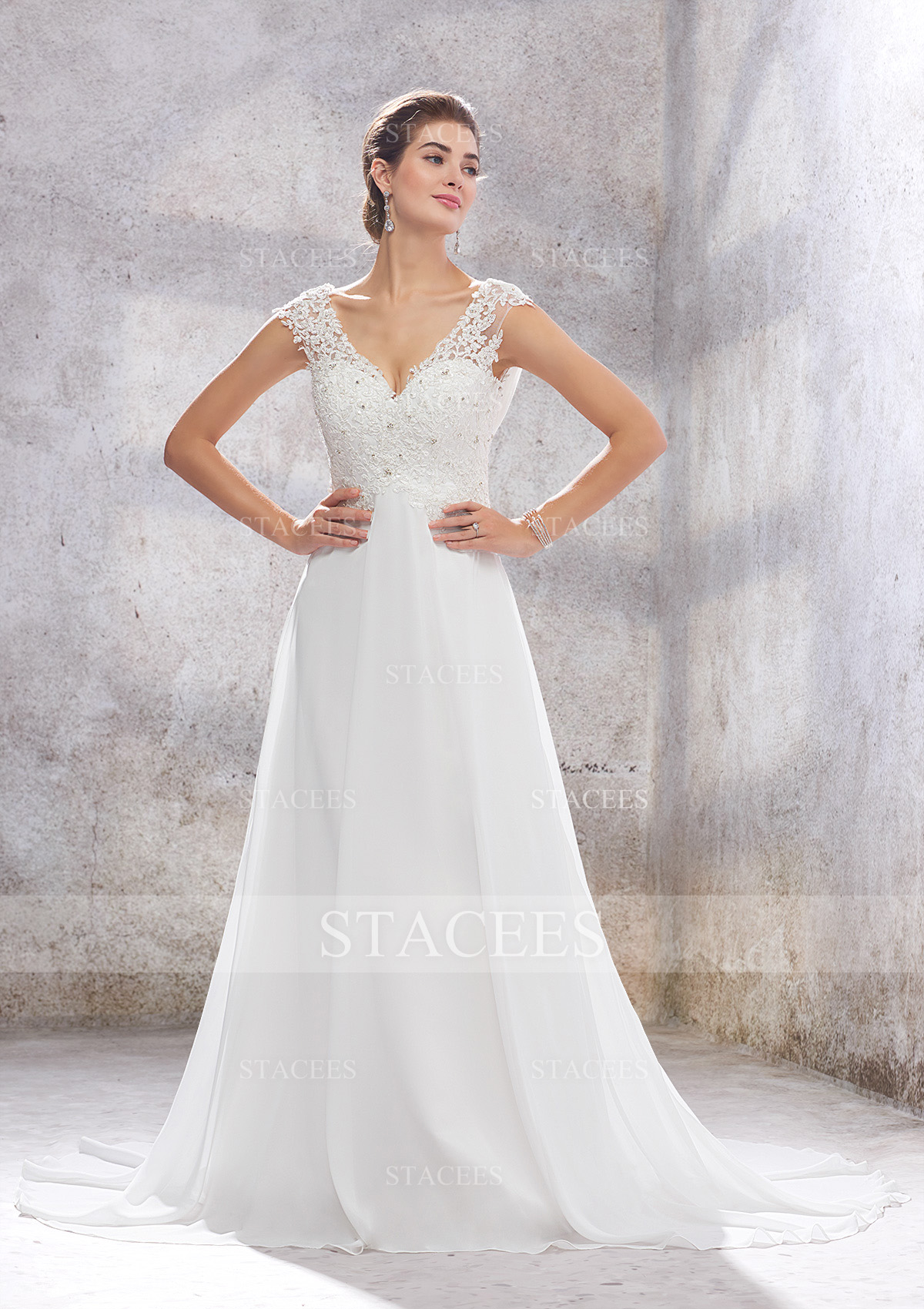 Ivory A-line Empire V Neck Sleeveless Sweep Train Chiffon Wedding Dress With Beading Sequins Appliques - STACEES