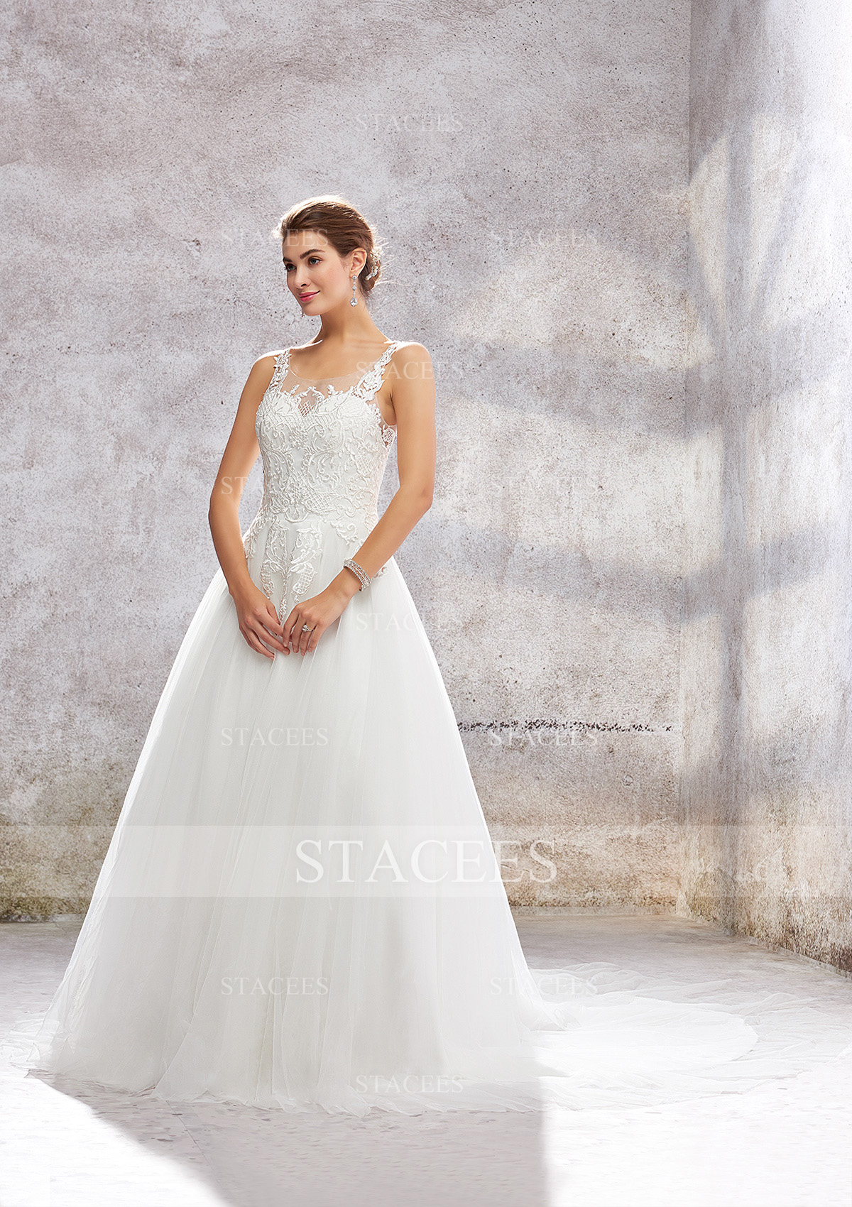 Ivory Princess A-line Illusion Neck Sleeveless Chapel Train Tulle Satin Wedding Dress With Embroidery - STACEES