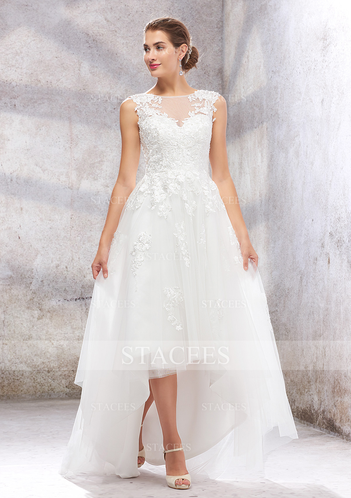 Empire A-line Illusion Neck Sleeveless Asymmetrical Tulle Wedding Dress With Lace Sequins