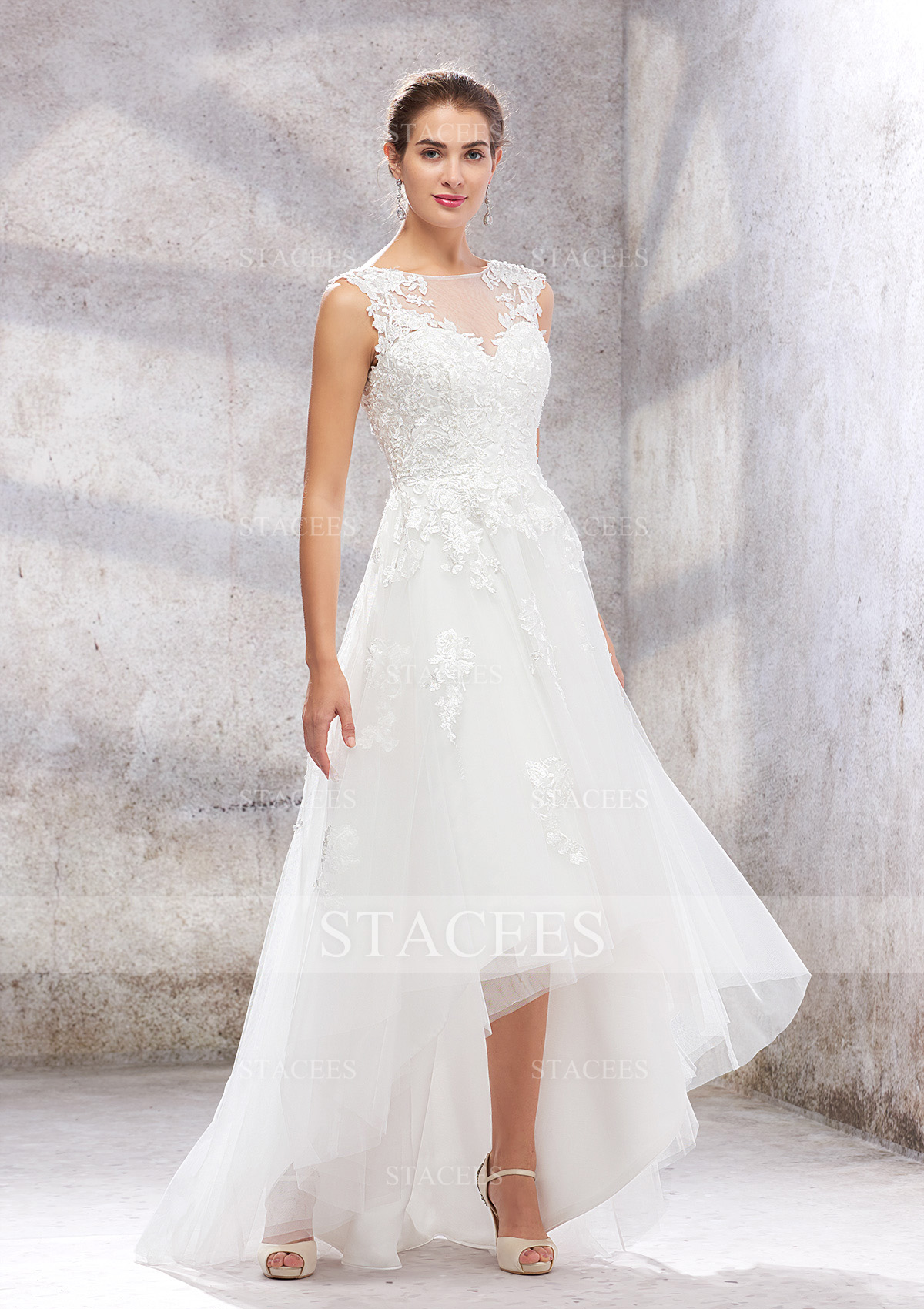 Ivory Empire A-line Illusion Neck Sleeveless Asymmetrical Tulle Wedding Dress With Lace Sequins - STACEES