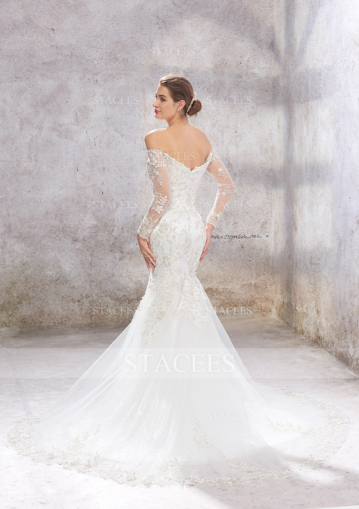 Ivory Trumpet/Mermaid Off-the-Shoulder Full/Long Sleeve Court Train Tulle Satin Wedding Dress With Appliques Beading - STACEES