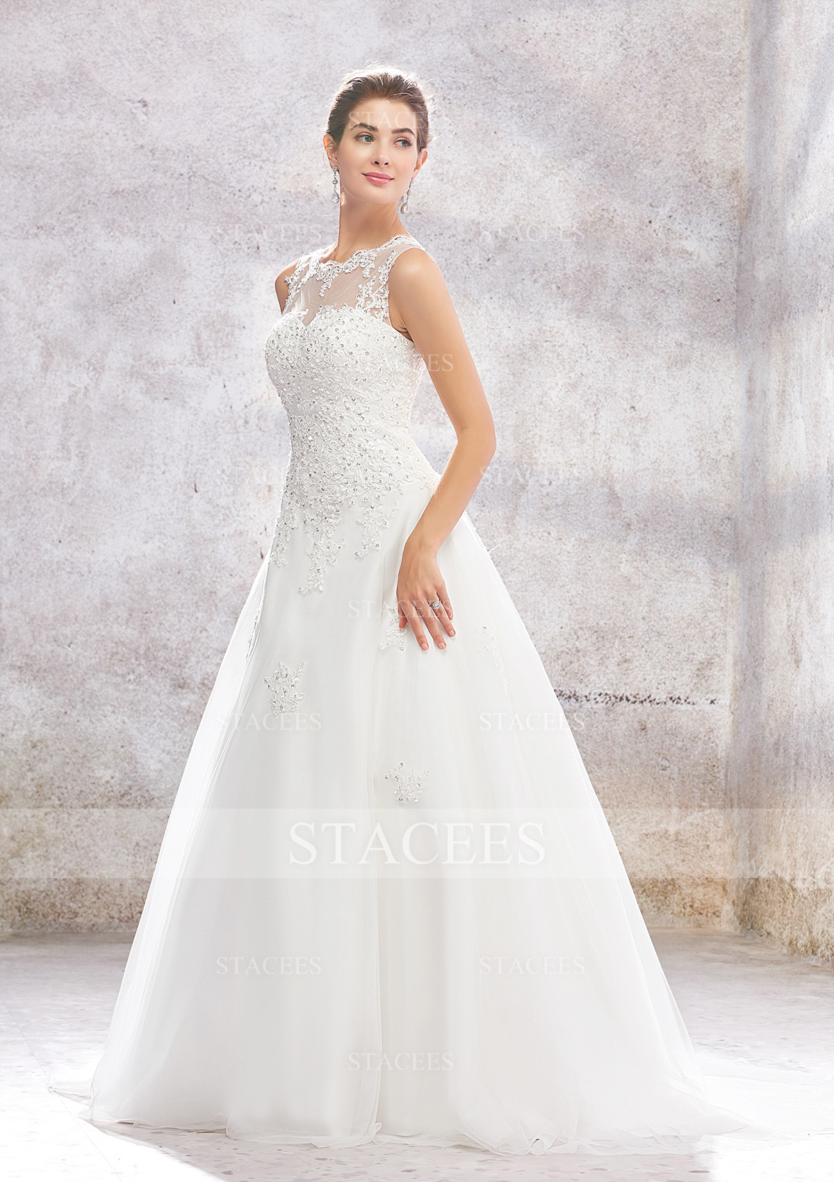Ivory Ball Gown Princess Illusion Neck Organza Tulle Lace Sweep Train Wedding Dress With Sequins Beading - STACEES